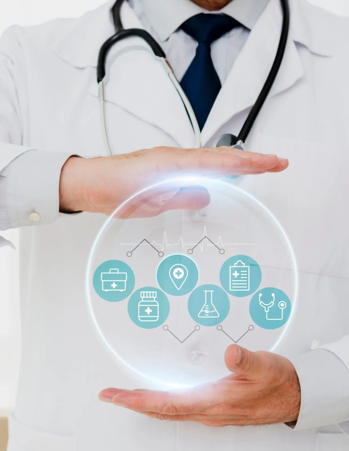 Doctor holding digital healthcare icons representing online medical services and health technology